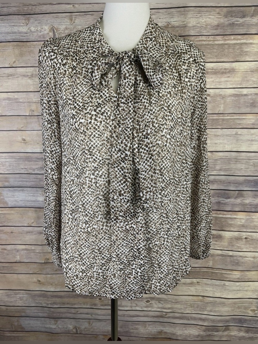 DR2 Brown and White Long Sleeve Animal Print Blouse, Size Small